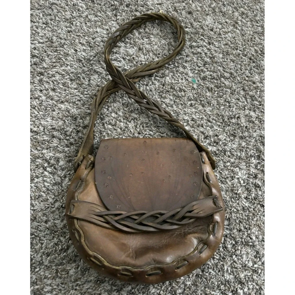 Vintage Hippie Hobo Brown Leather Handcrafted Bag Purse Flower Power Western 70s